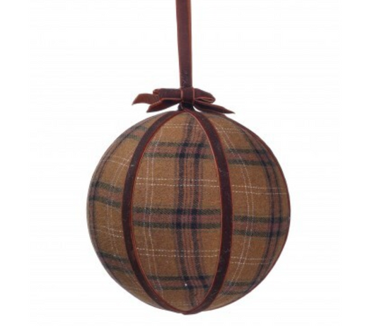 6" CAMEL PLAID VELVET BALL ORNAMENT
