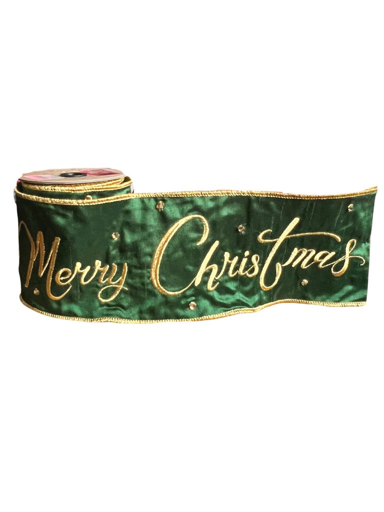 4" x 5yds dupion gold embroidery Merry Christmas gold jewels, emerald green - Burlap and Bling Decor