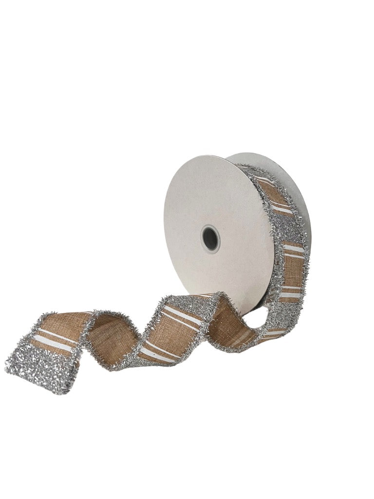 1.5"X10YD MULTI STRIPE/BOLD GLTTR/TINSEL-LT BEIGE/SILVER/WHITE - Burlap and Bling Decor