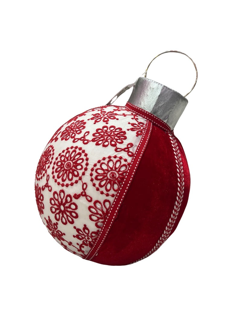 11.5''H-9.5"D Lace Ornament Ball Red Whit - Burlap and Bling Decor