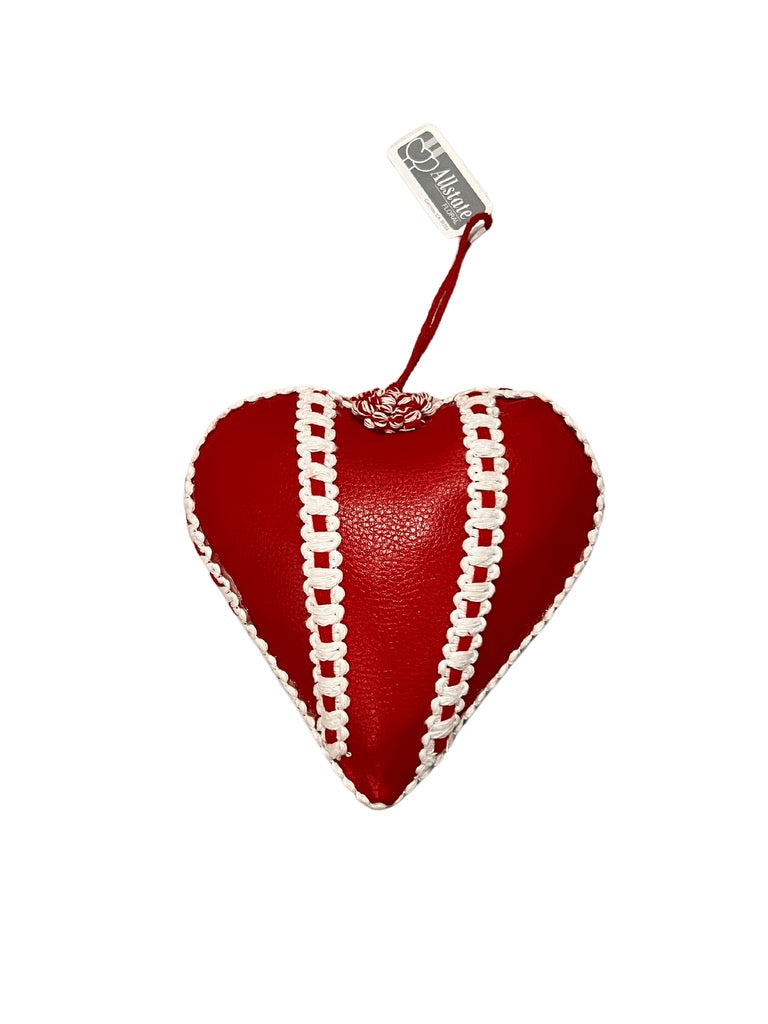 6" Faux Leather Heart Ornament Red White - Burlap and Bling Decor