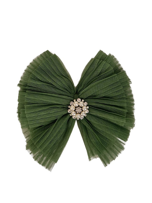 7" tulle cottage chic bow clip jewel center, jade