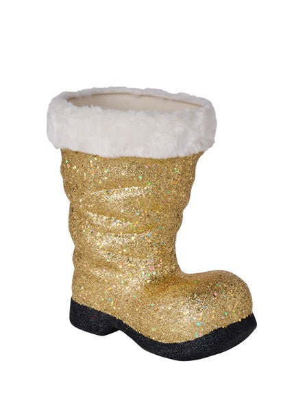 9.5"H X 8.5"L GLITTER/FUR SANTA BOOT GOLD/WHITE/BLACK - Burlap and Bling Decor