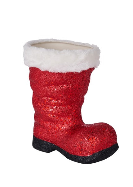 9.5"H X 8.5"L GLITTER/FUR SANTA BOOT RED/WHITE/BLACK - Burlap and Bling Decor