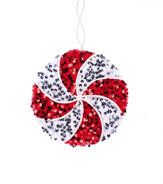 6"DIA SEQUIN PEPPERMINT ORNAMENT-Red/White