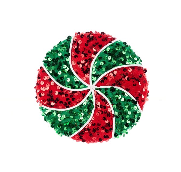 6"DIA SEQUIN PEPPERMINT ORNAMENT-Red/Emerald Green/White