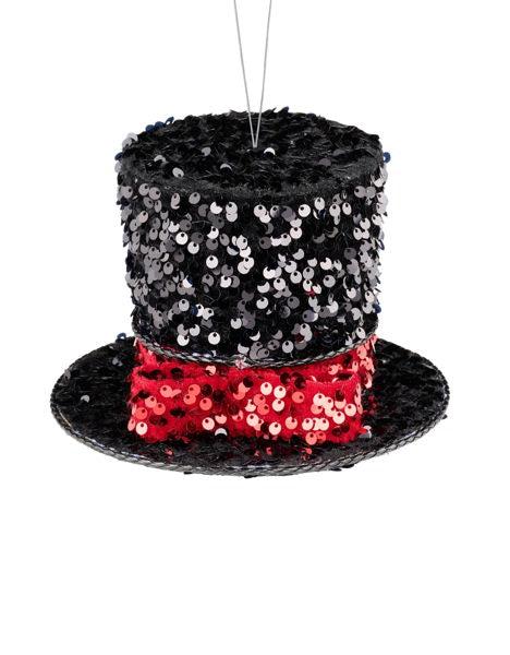 6.75"DIAX4.5"H SEQUIN/VELVET TOP HAT ORN BLACK/RED - Burlap and Bling Decor