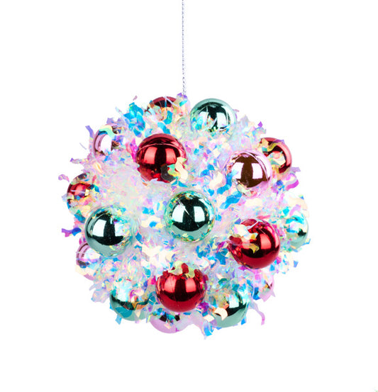 4.75"DIA TINSEL/VP BALL ORNAMENT-Irid/Red/Mint/Lt Pink