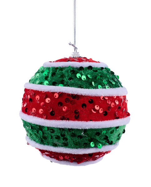 4.25"DIA VELVET/SEQUIN STRIPED BALL ORN RED/EMERALD GREEN/WHITE - Burlap and Bling Decor