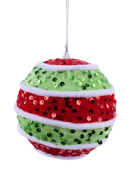 4.25"DIA VELVET/SEQUIN STRIPED BALL ORN RED/LIME GREEN/WHITE - Burlap and Bling Decor