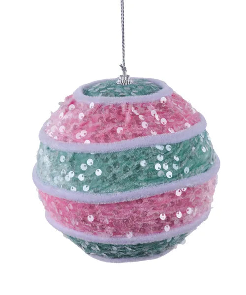 5.5"DIA VELVET/SEQUIN STRIPED BALL ORNAMENT MINT/PINK/WHITE - Burlap and Bling Decor