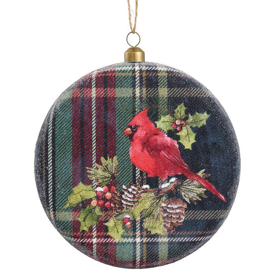 6" Beaded Cardinal Plaid Disc Ornament Red Green
