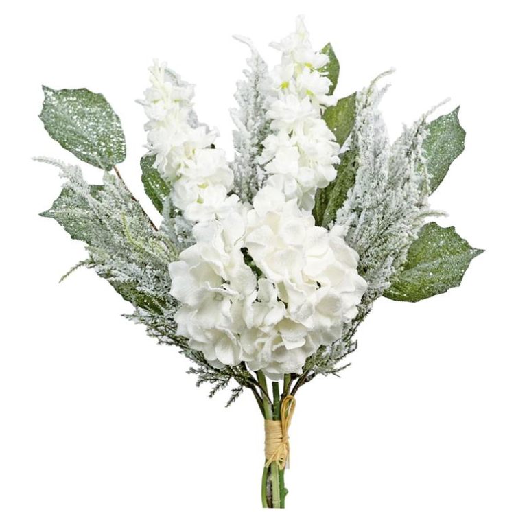 SNOW WHITE HYDRANGEA & DELPHINIUM BUNDLE WITH CEDAR, 18", WHITE - Burlap and Bling Decor