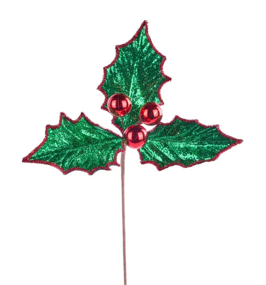 12.5"DIA GLITTER HOLLY LEAF STEM, 23" GREEN/RED - Burlap and Bling Decor