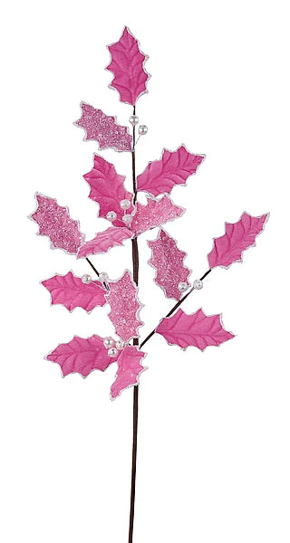 GLITTER BEAD HOLLY LEAF SPRAY PINK