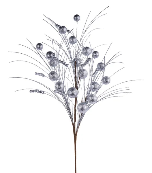 35"L BALL/MONOFILAMENT/BEAD SPIKE SPRAY SILVER - Burlap and Bling Decor