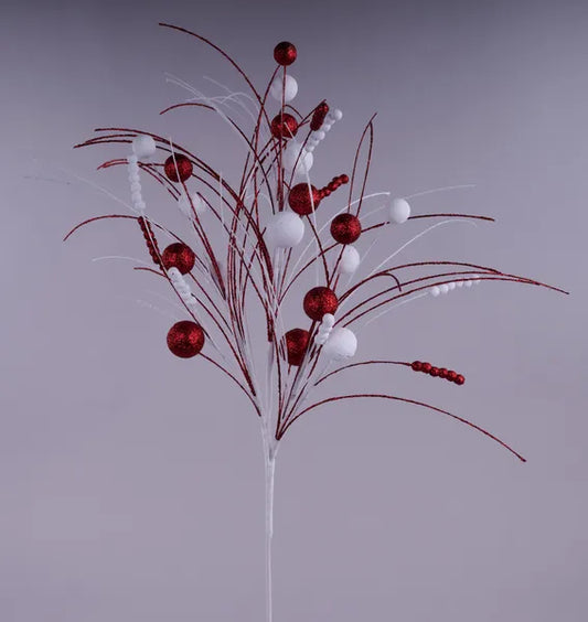 35"L BALL/MONOFILAMENT/BEAD SPIKE SPRAY RED/WHITE - Burlap and Bling Decor
