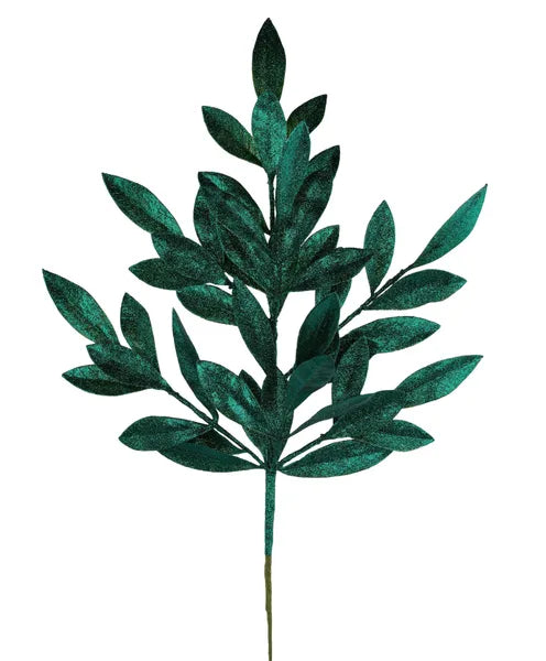 23"L GLITTER BAY LEAF SPRAY HUNTER GREEN - Burlap and Bling Decor