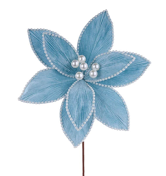TURQUOISE PEARL BEAD POINSETTIA PICK 12"DIA