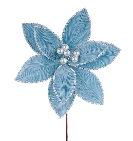 TURQUOISE PEARL BEAD POINSETTIA PICK 12"DIA