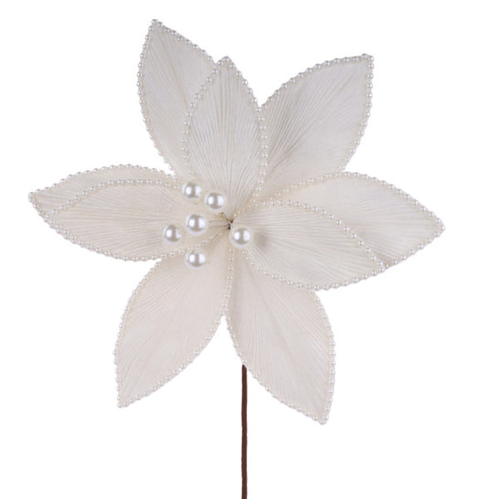 22"L X 12"DIA PEARL BEAD POINSETTIA PICK IVORY - Burlap and Bling Decor