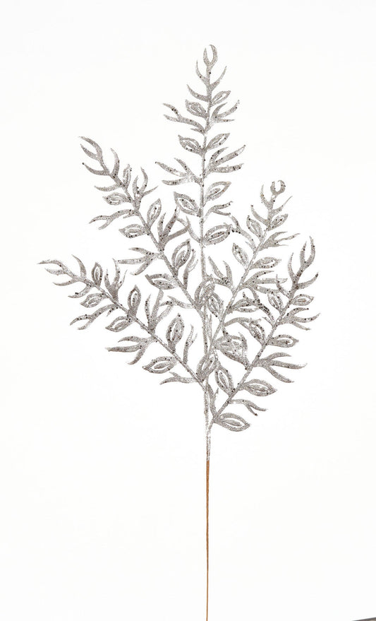 26" GLITTER LEAF SPRAY- SILVER - Burlap and Bling Decor