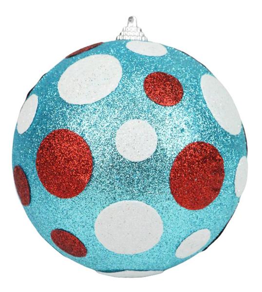 4.75"DIA GLITTER/FABRIC POLKA DOT BALL TURQUOISE/RED/WHITE - Burlap and Bling Decor