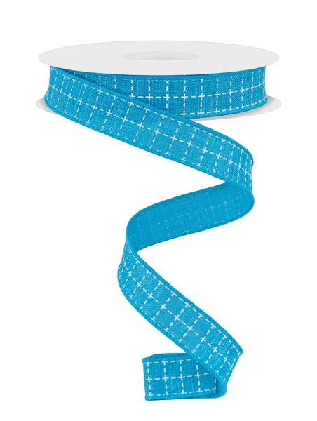 5/8"X10YDS RAISED STITCH SQUARES TURQUOISE/WHITE WIRED RIBBON - Burlap and Bling Decor