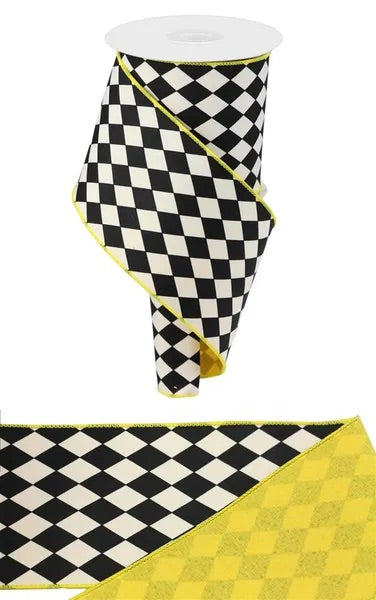 4"X10YDS HARLEQUIN/ROYAL FUSED BACK WHITE/BLACK/SUN YELLOW WIRED RIBBON - Burlap and Bling Decor