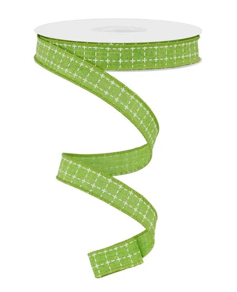 5/8"X10YDS RAISED STITCH SQUARES LIME/WHITE WIRED RIBBON - Burlap and Bling Decor