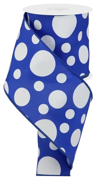 4"X10YDS GIANT THREE SIZE DOTS/PG FABRIC ROYAL BLUE/WHITE WIRED RIBBON - Burlap and Bling Decor