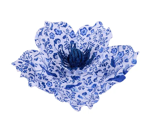 7"DIA X 4.5"H MAGNOLIA ON CLIP WHITE/MULTI BLUE - Burlap and Bling Decor