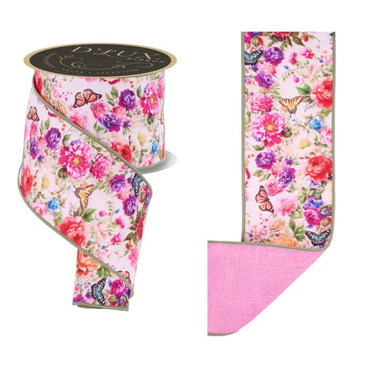 4"X10YD FLORALS/BUTTERFLIES/FUSED IVY/WHT/MULTI WIRED RIBBON