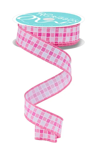 7/8"X10YD SMALL CHECK/FOAM LINES WHITE/PINK WIRED RIBBON - Burlap and Bling Decor