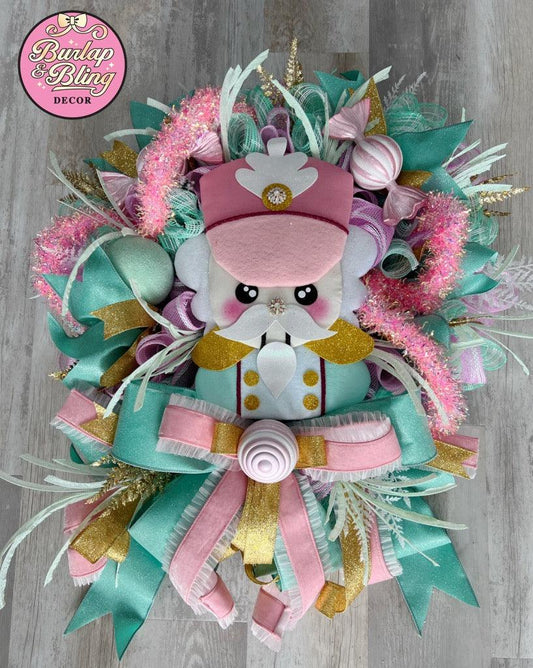 Cutesy Pink and Teal Nutcracker Wreath - Burlap and Bling Decor