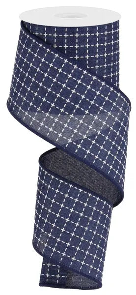 2.5"X10YD RAISED STITCHED SQUARES/ROYAL NAVY BLUE/WHITE WIRED RIBBON
