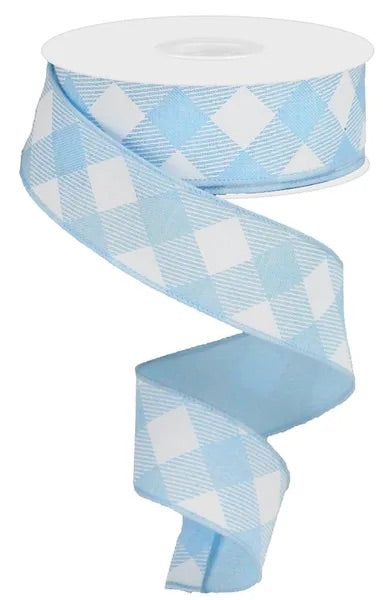 1.5"X10YDS DIAGONAL CHECK ON ROYAL PALE BLUE/WHITE WIRED RIBBON