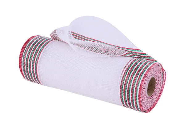 10"X10YD BORDER STRIPE MESH WHITE/RED/EMERALD GREEN - Burlap and Bling Decor