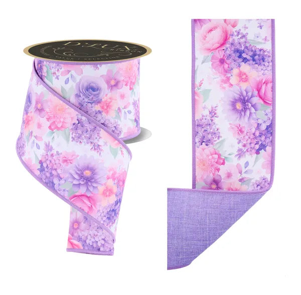 4"X10YD WATERCOLOR FLORALS/FUSED IVORY/MULTI/LAVENDER WIRED RIBBON - Burlap and Bling Decor