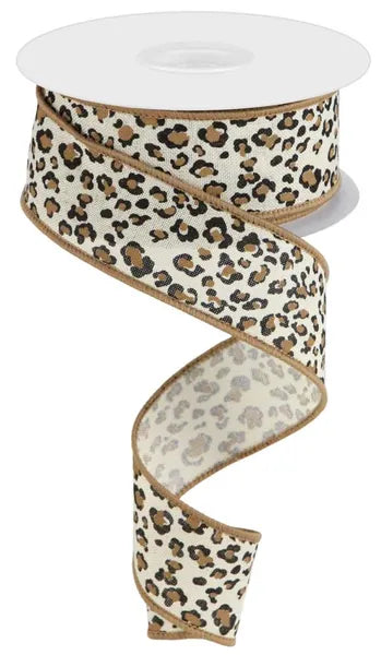 1.5"X10YD MINI LEOPARD, CREAM/BLACK/BROWN WIRED RIBBON - Burlap and Bling Decor