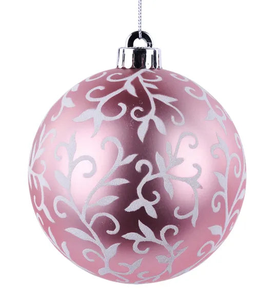 4.75"DIA GLITTER SWIRL/MATTE BALL ORNAMENT PINK/WHITE - Burlap and Bling Decor