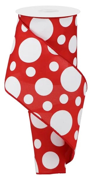 4"X10YDS GIANT THREE SIZE DOTS FABRIC RED/WHITE WIRED RIBBON - Burlap and Bling Decor