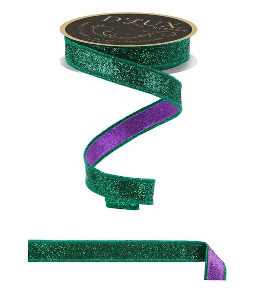7/8"X10YD LASER GLITTER/FUSED LASER EMERALD GRN/PURPLE WIRED RIBBON - Burlap and Bling Decor