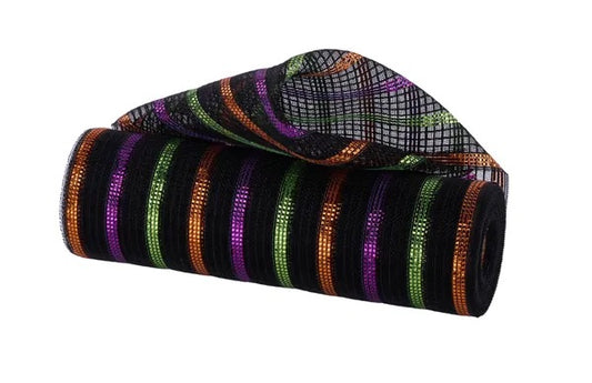 10.25"X10YDS FINE WEAVE MET/FAUX JUTE BLACK/ORANGE/LIME/PURPLE - Burlap and Bling Decor