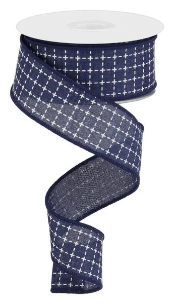 1.5"X10YDS RAISED STITCHED SQUARES/ROYAL NAVY BLUE/WHITE WIRED RIBBON