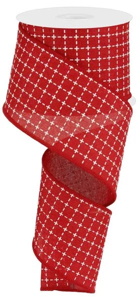 2.5"X10YDS RAISED STITCHED SQUARES/ROYAL RED/WHITE WIRED RIBBON - Burlap and Bling Decor