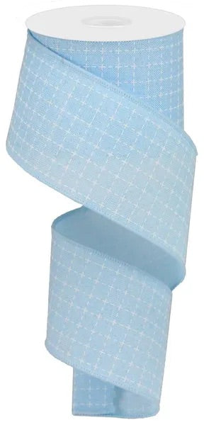 2.5"X10YDS RAISED STITCHED SQUARES/ROYAL PALE BLUE/WHITE WIRED RIBBON - Burlap and Bling Decor
