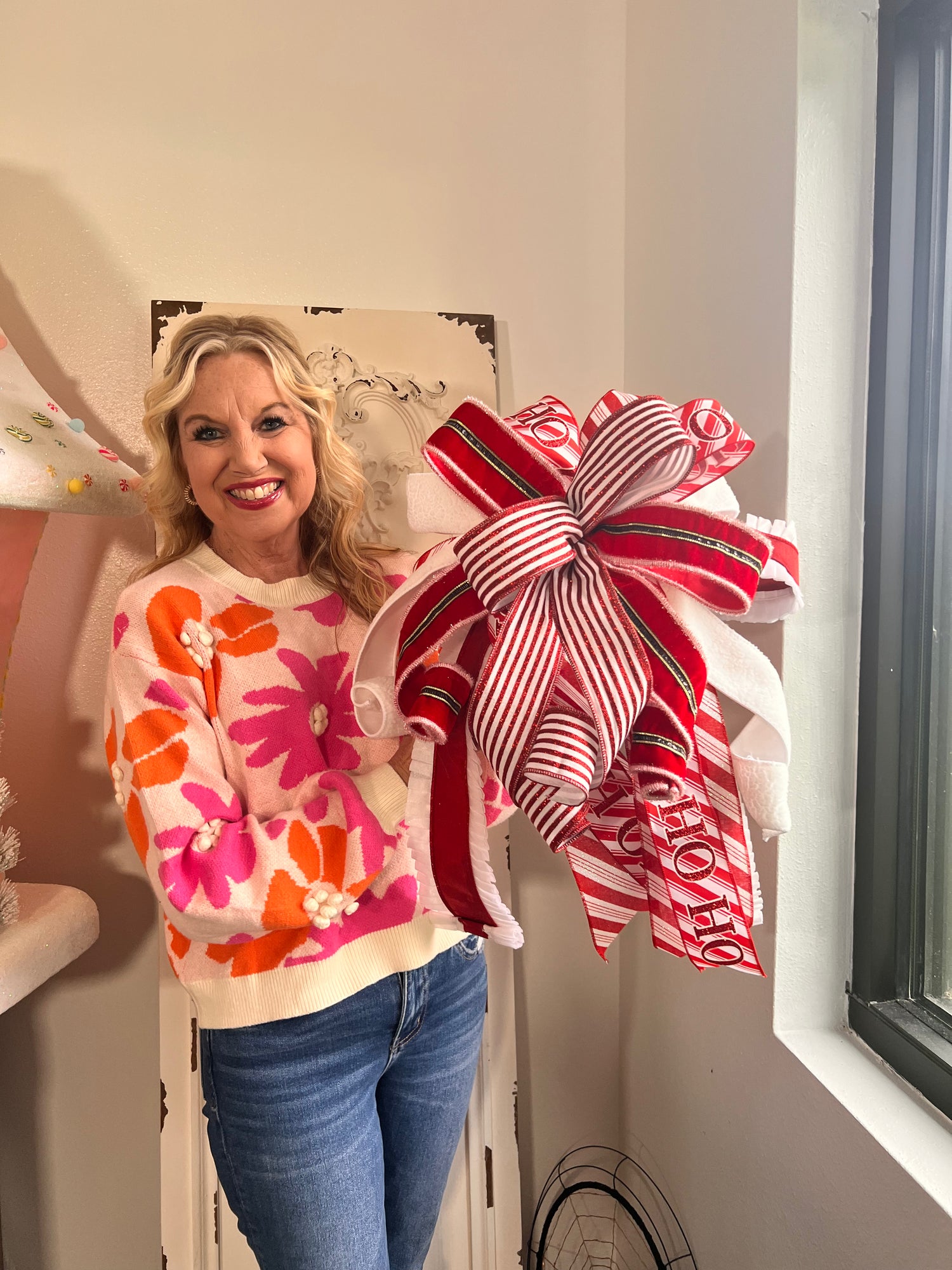 Handmade red and white bow