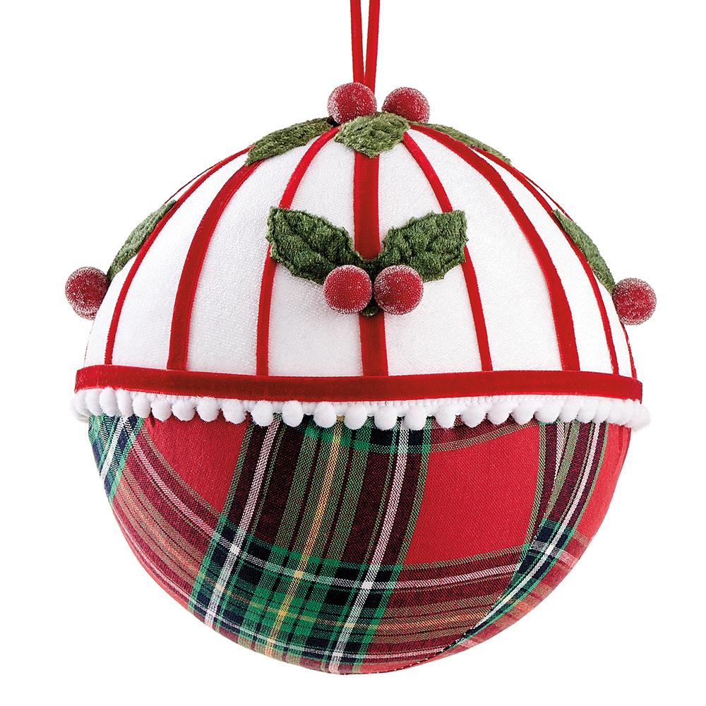 4.5" Holly Plaid Ball Ornament Red White
