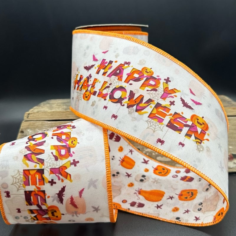4" x 10yds grosgrain happy halloween pumpkin skull backing, white - Burlap and Bling Decor